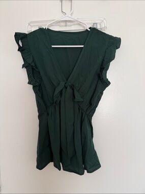 Dark Green Ruffle Sleeve Tie-Front Women's Top